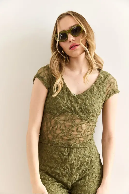 Women's Khaki Robe Lined V-Neck Crop Lace Blouse BL - 3