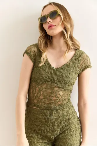 Women's Khaki Robe Lined V-Neck Crop Lace Blouse BL - 4