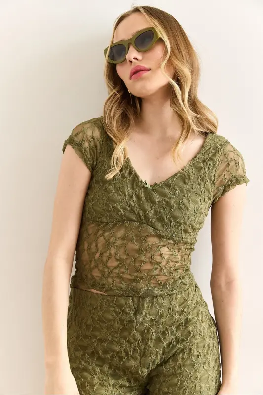 Women's Khaki Robe Lined V-Neck Crop Lace Blouse BL - 4