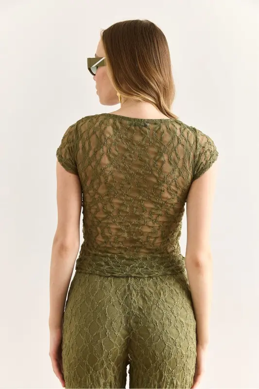 Women's Khaki Robe Lined V-Neck Crop Lace Blouse BL - 5