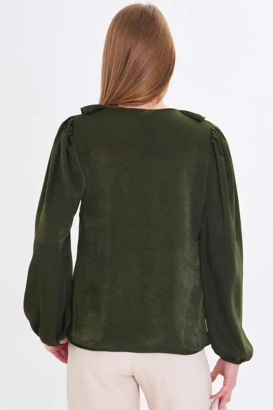 Women's Khaki Ruffled Collar, Shirred Shoulder, Elasticated Sleeve, Cotton Sateen Blouse ARM-22K001059-Khaki - 5