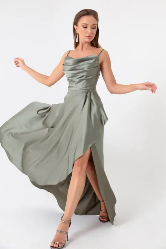 Women's Khaki Ruffled Slit Satin Evening & Graduation Dress-Khaki - 1