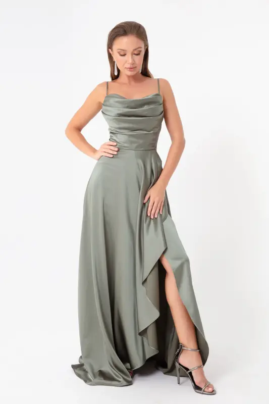 Women's Khaki Ruffled Slit Satin Evening & Graduation Dress-Khaki - 2