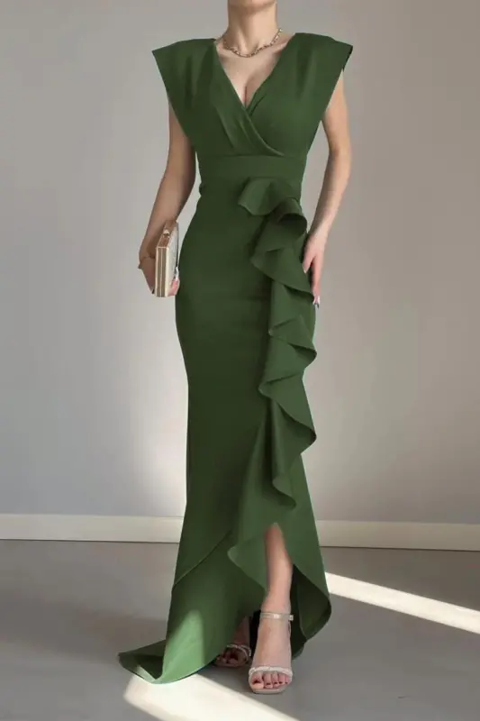 Women's Khaki Scuba Diver Fabric Crossover Collar Skirt Flounced Evening Dress Graduation Wedding Dress-Khaki - 5