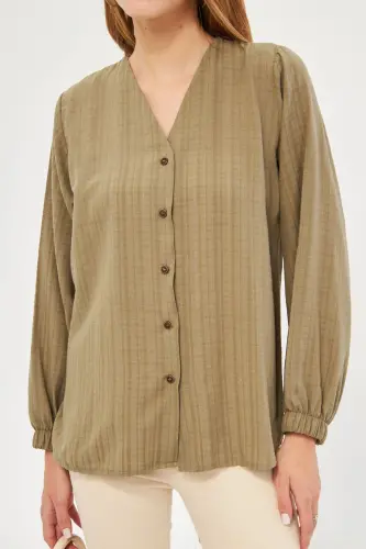 Women's Khaki Shirred Shirt with Elasticated Sleeves ARM-24K001002-Khaki - 2