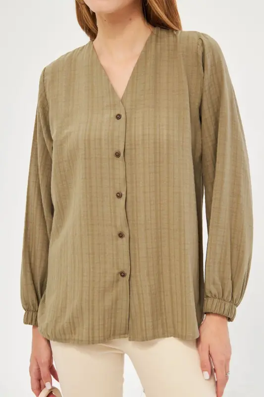 Women's Khaki Shirred Shirt with Elasticated Sleeves ARM-24K001002-Khaki - 2