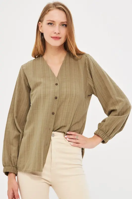 Women's Khaki Shirred Shirt with Elasticated Sleeves ARM-24K001002-Khaki - 3