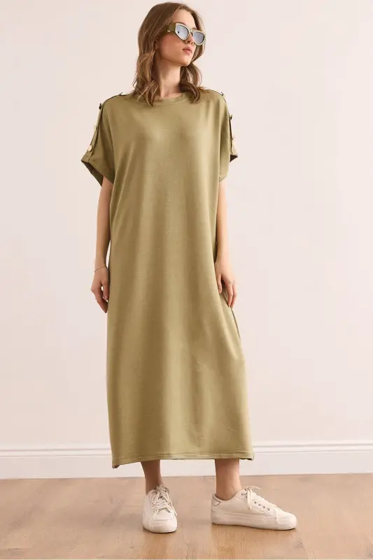 Women's Khaki Shoulder Button Detailed Crystal Embellished Dress - OLALOOK