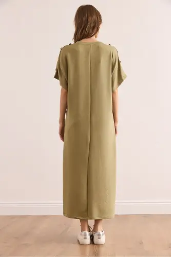 Women's Khaki Shoulder Button Detailed Crystal Embellished Dress - OLALOOK (1)