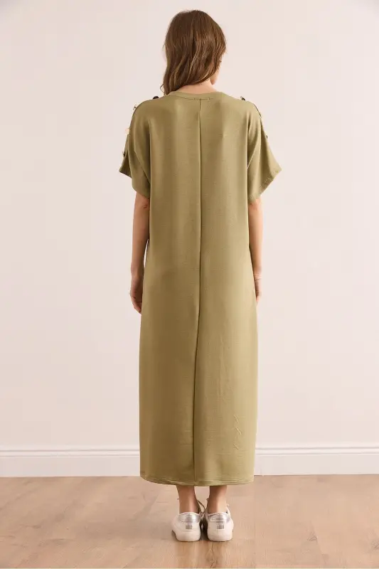 Women's Khaki Shoulder Button Detailed Crystal Embellished Dress - 2