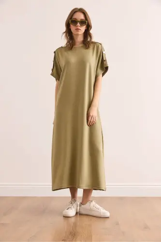 Women's Khaki Shoulder Button Detailed Crystal Embellished Dress - 3