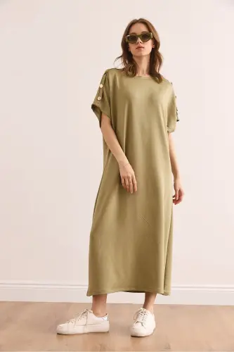 Women's Khaki Shoulder Button Detailed Crystal Embellished Dress - 4