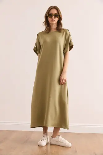 Women's Khaki Shoulder Button Detailed Crystal Embellished Dress - 5