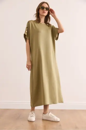 Women's Khaki Shoulder Button Detailed Crystal Embellished Dress - 6