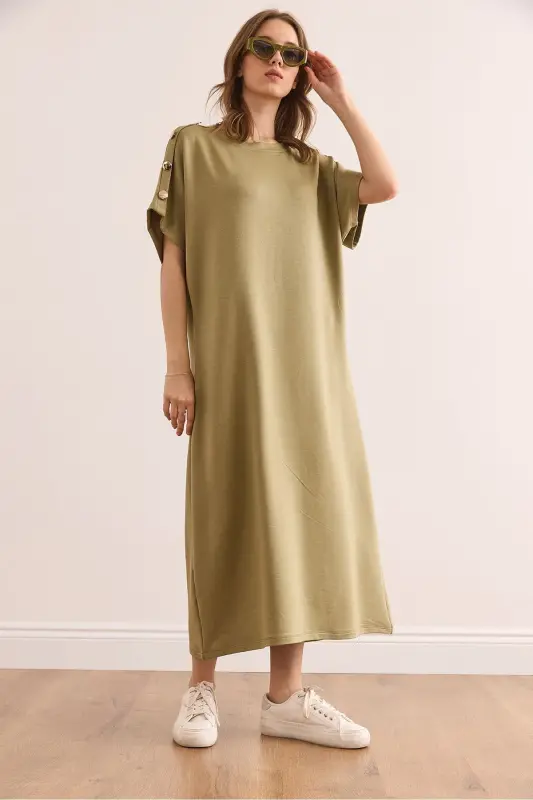 Women's Khaki Shoulder Button Detailed Crystal Embellished Dress - 6