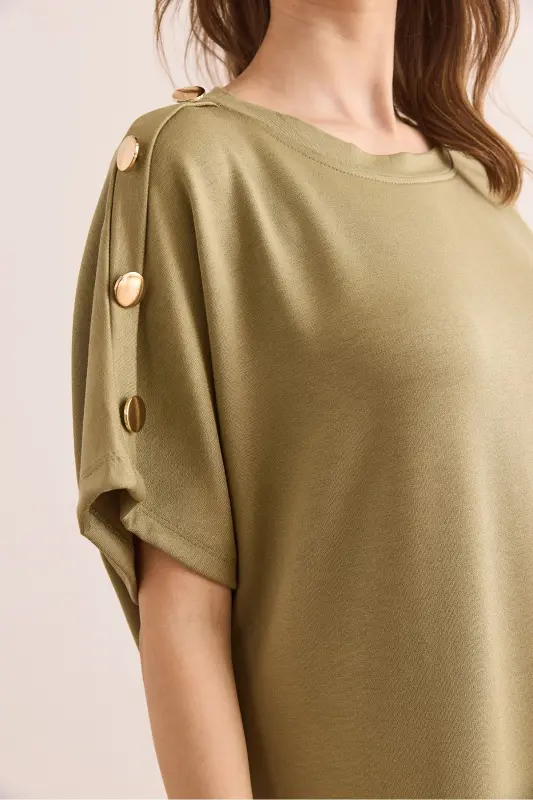Women's Khaki Shoulder Button Detailed Crystal Embellished Dress - 7
