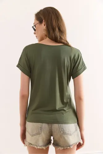 Women's Khaki Shoulder Lace Detailed Knitted Viscose Blouse Bl - OLALOOK (1)