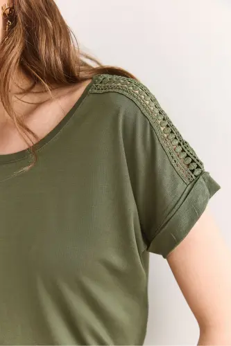 Women's Khaki Shoulder Lace Detailed Knitted Viscose Blouse Bl - 5