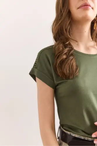 Women's Khaki Shoulder Lace Detailed Knitted Viscose Blouse Bl - 6