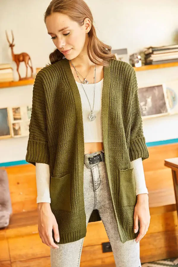 Women's Khaki Sleeve-Fold Pocket Relaxed Knit Cardigan HRK-19000123 - 1