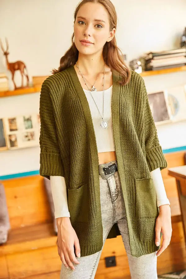 Women's Khaki Sleeve-Fold Pocket Relaxed Knit Cardigan HRK-19000123 - 2