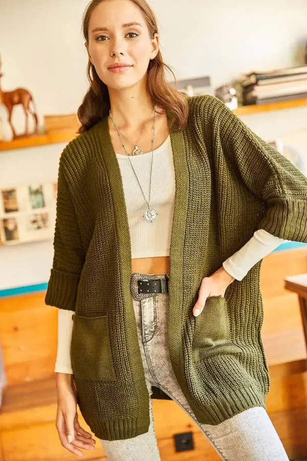 Women's Khaki Sleeve-Fold Pocket Relaxed Knit Cardigan HRK-19000123 - 3