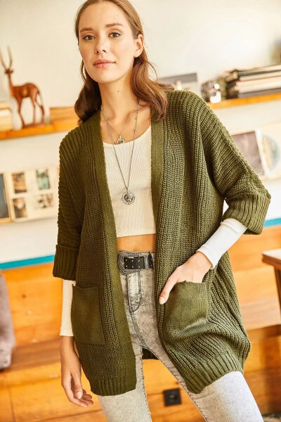 Women's Khaki Sleeve-Fold Pocket Relaxed Knit Cardigan HRK-19000123 - 4