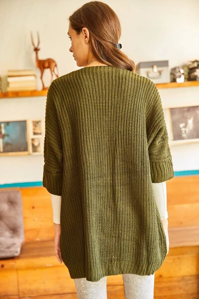 Women's Khaki Sleeve-Fold Pocket Relaxed Knit Cardigan HRK-19000123 - 5