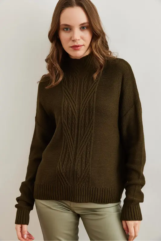 Women's Khaki Stand-Up Collar Cable Knit Tricot Sweater KZK-19000912-Khaki - 2