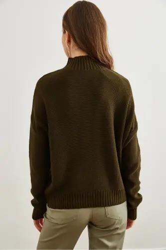 Women's Khaki Stand-Up Collar Cable Knit Tricot Sweater KZK-19000912-Khaki - 5