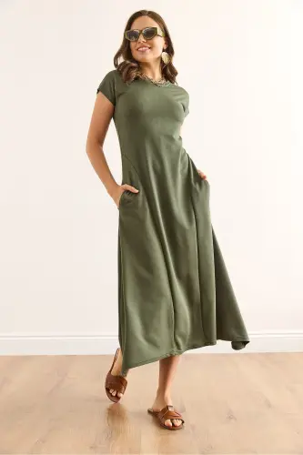 Women's Khaki Stitched & Pocket Detailed Maxi Crystal Dress - 3