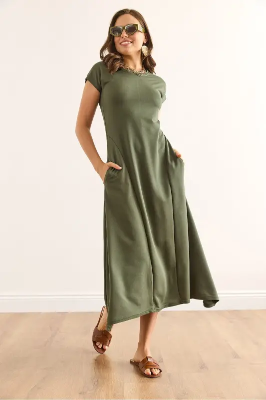 Women's Khaki Stitched & Pocket Detailed Maxi Crystal Dress - 3