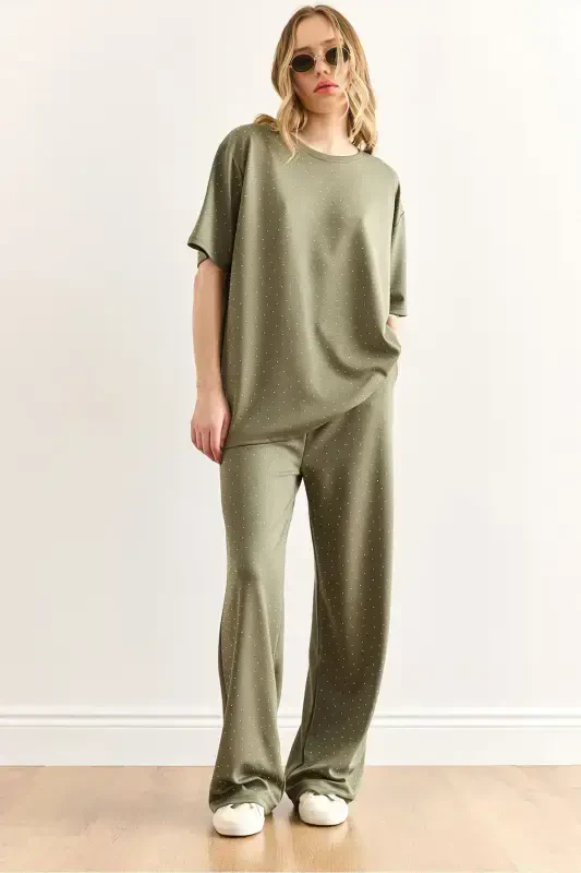 Women's Khaki Stone Detailed Top and Bottom Set TKM-19000391- - OLALOOK