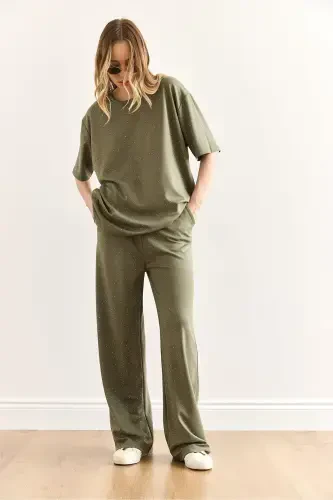 Women's Khaki Stone Detailed Top and Bottom Set TKM-19000391- - OLALOOK (1)