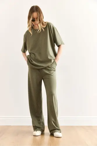 Women's Khaki Stone Detailed Top and Bottom Set TKM-19000391- - 2