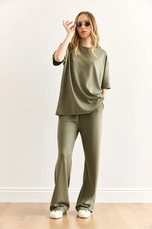 Women's Khaki Stone Detailed Top and Bottom Set TKM-19000391- - 4