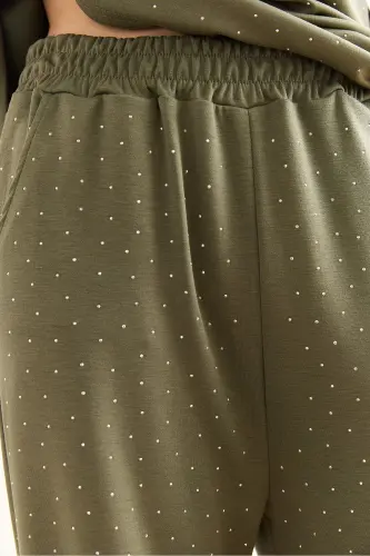 Women's Khaki Stone Detailed Top and Bottom Set TKM-19000391- - 7