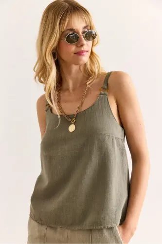 Women's Khaki Strappy Accessorized Washed Thick Linen Blouse - 3