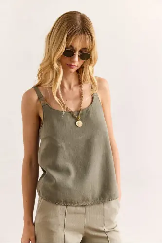 Women's Khaki Strappy Accessorized Washed Thick Linen Blouse - 4