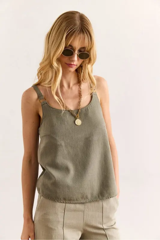 Women's Khaki Strappy Accessorized Washed Thick Linen Blouse - 4