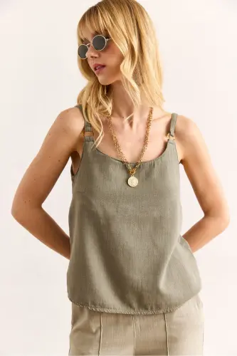 Women's Khaki Strappy Accessorized Washed Thick Linen Blouse - 5