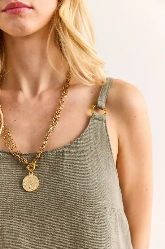 Women's Khaki Strappy Accessorized Washed Thick Linen Blouse - 6