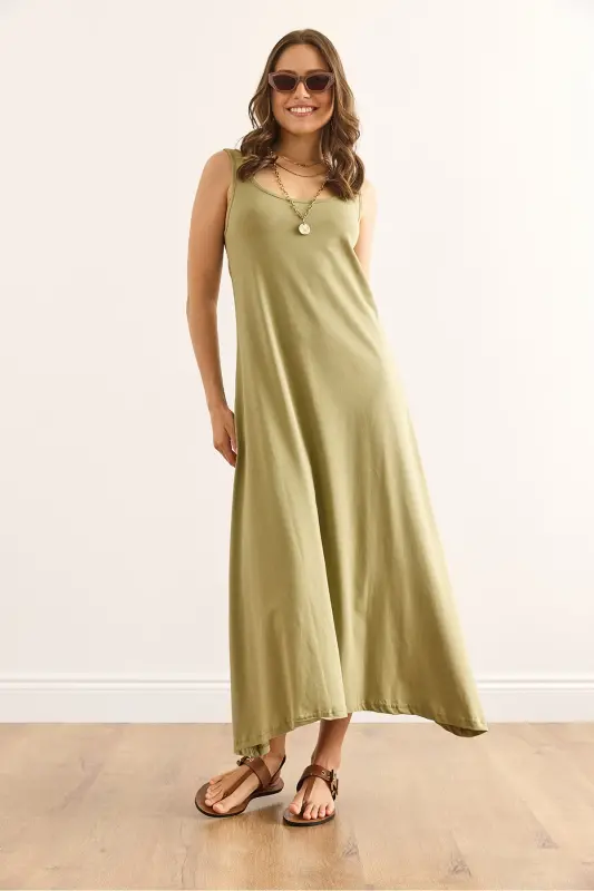 Women's Khaki Strappy Midi Cotton Bell Dress DR-190024 - 1