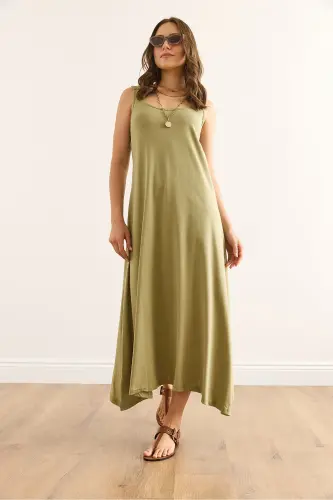 Women's Khaki Strappy Midi Cotton Bell Dress DR-190024 - 3