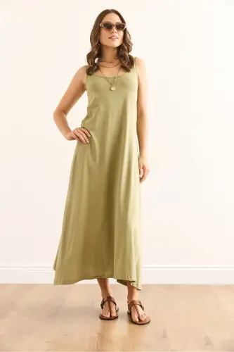 Women's Khaki Strappy Midi Cotton Bell Dress DR-190024 - 4