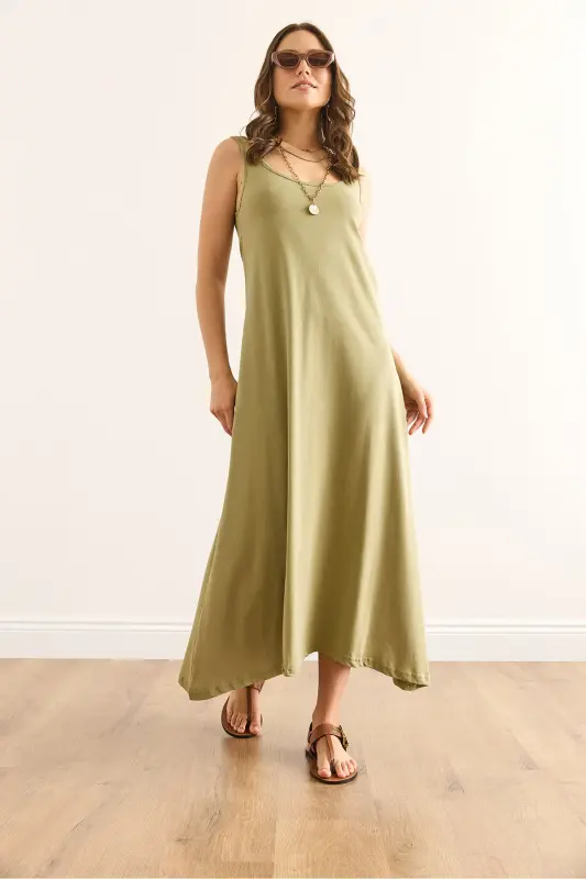 Women's Khaki Strappy Midi Cotton Bell Dress DR-190024 - 5