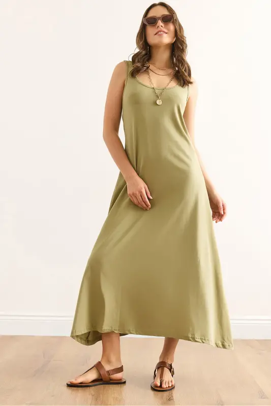 Women's Khaki Strappy Midi Cotton Bell Dress DR-190024 - 7