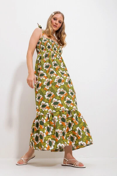 Women's Khaki Strappy Skirt Ruffle Floral Printed Gathered Woven Dress Alc-X11734 - TREND ALAÇATI STILI (1)