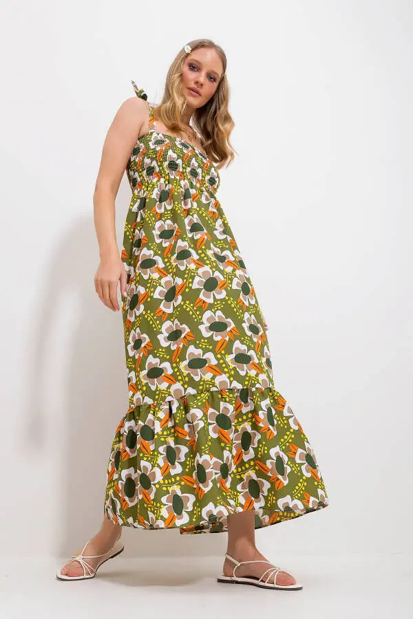 Women's Khaki Strappy Skirt Ruffle Floral Printed Gathered Woven Dress Alc-X11734 - 2