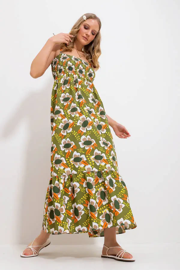 Women's Khaki Strappy Skirt Ruffle Floral Printed Gathered Woven Dress Alc-X11734 - 3